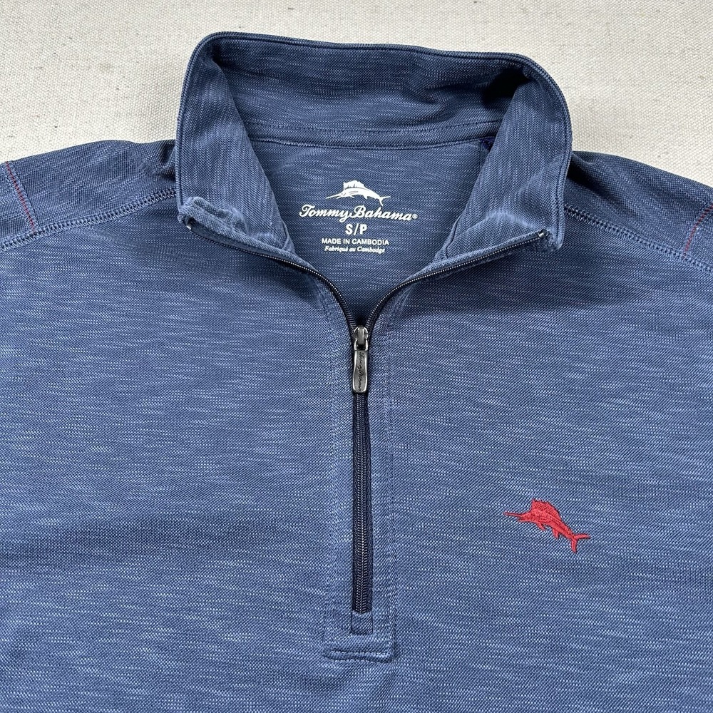 Tommy Bahama Sweater Mens Sm 1/4 Zip Tencel Modal Heathered Blue Mock Neck Golf - Picture 2 of 8